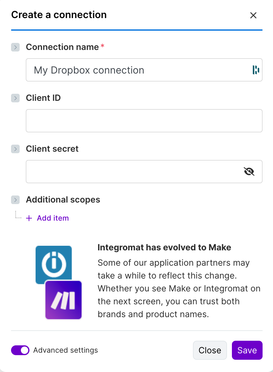 Dropbox credentials
